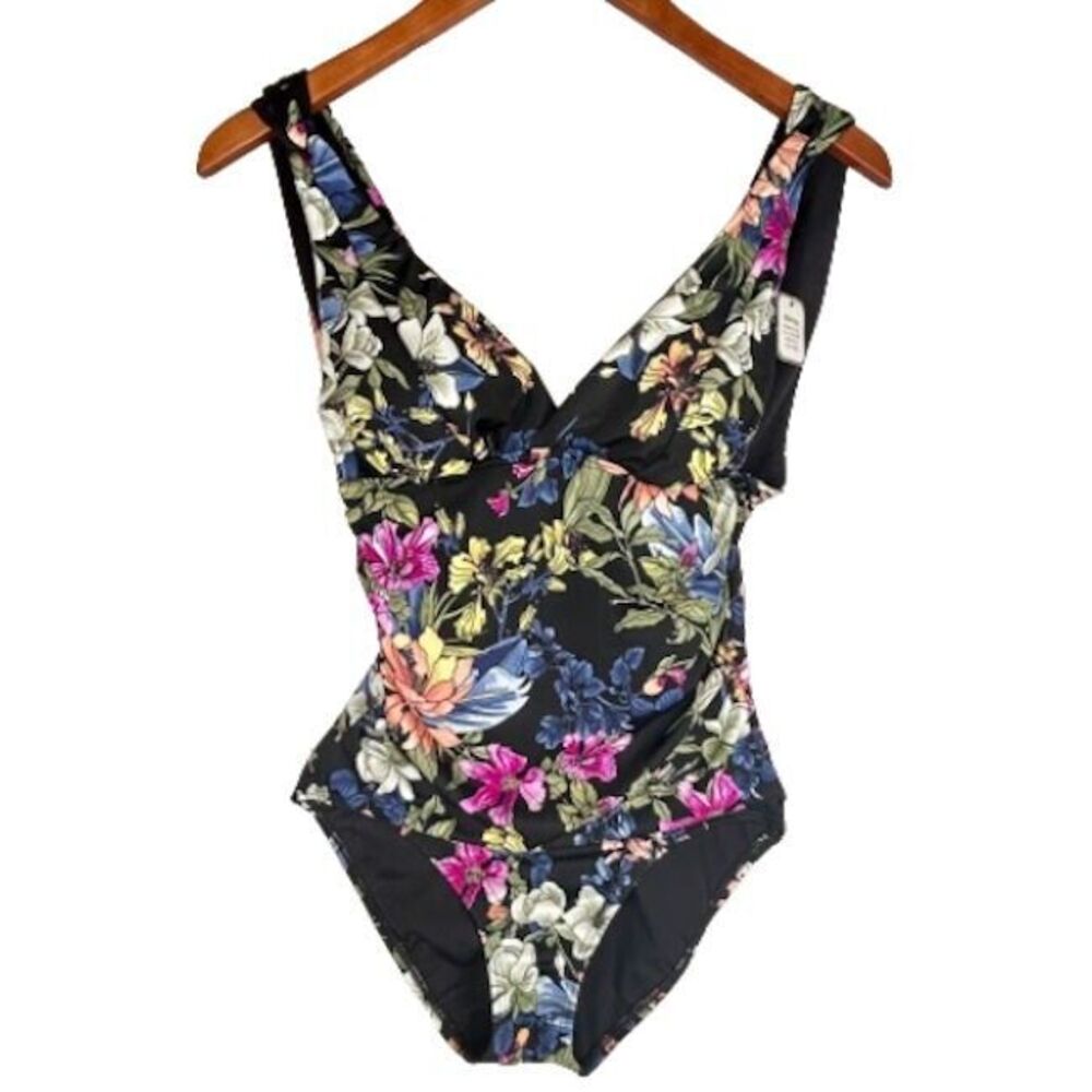 💐 Time and Tru NEW One Piece Swimsuit S Black with Pink Blue Yellow Floral NWT